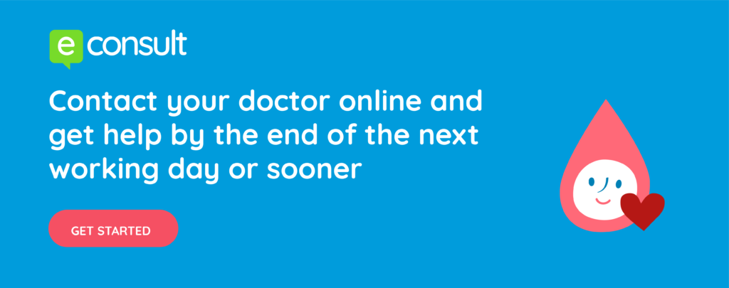 eConsult banner reads: contact your doctors online and get a response by the end of the next working day